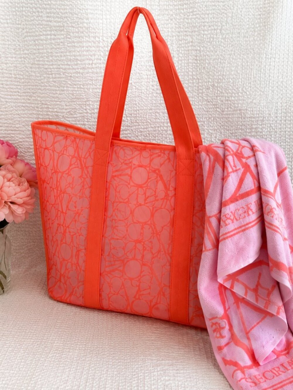 Victoria's Secret Coral Mesh Beach Tote + Oversized Beach Towel NWT